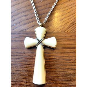 Vtg Estate Avon Beige Cross Necklace Religious Pendant Gold Tone Chain 16"